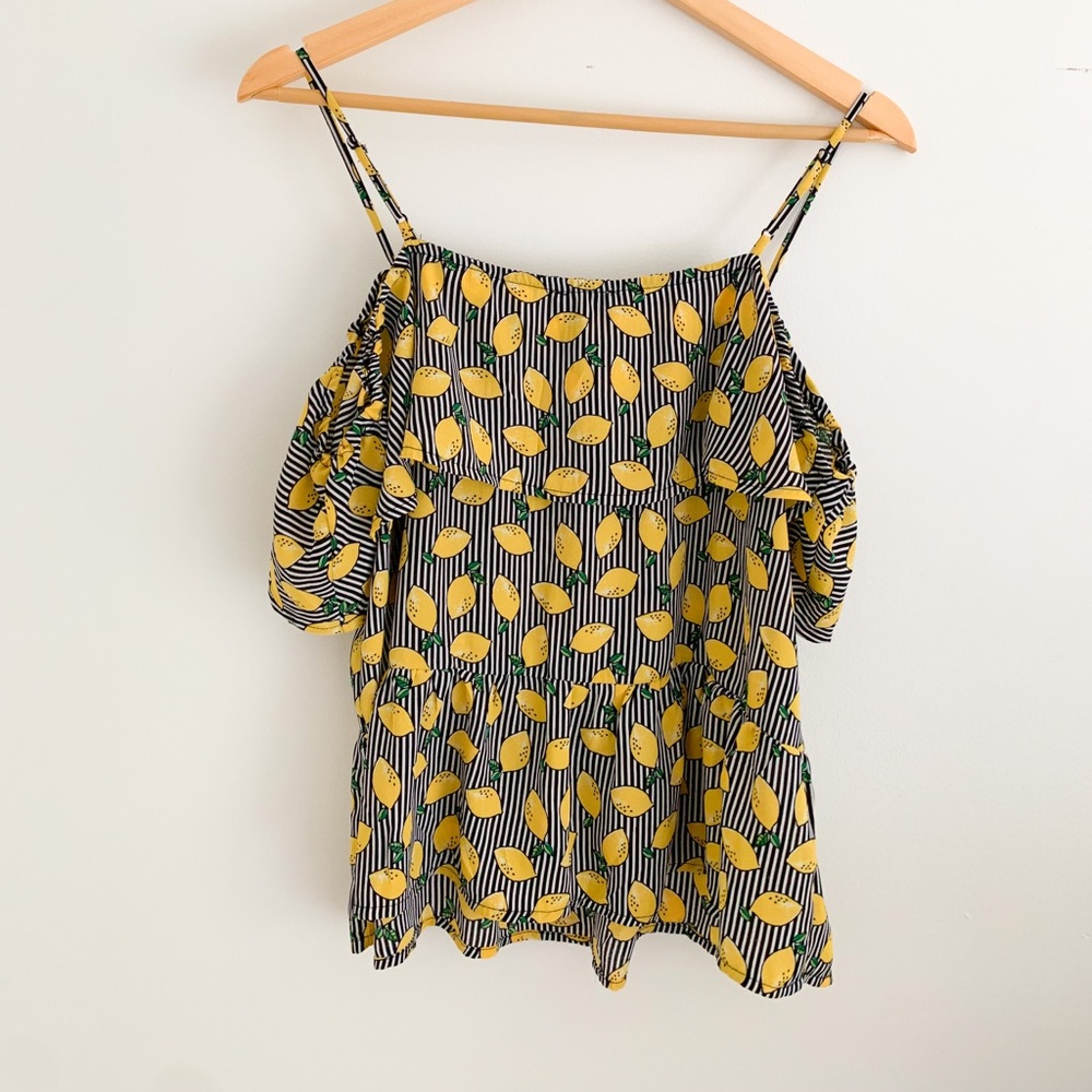 Lemon print off the shoulder flounce tank